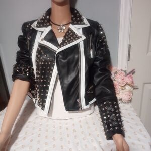 Black Studded Leather Jacket with White Accents